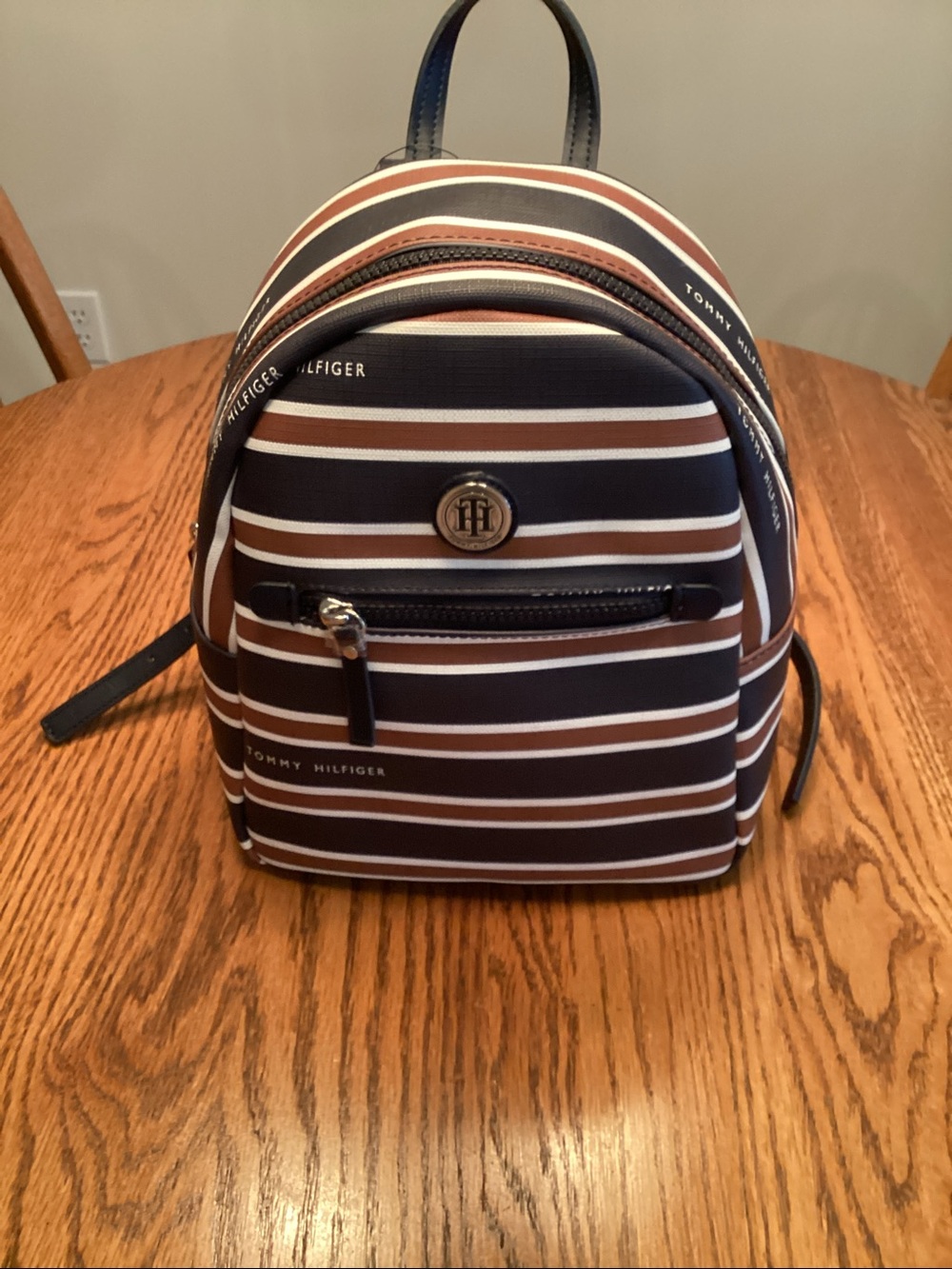 Tommy Hilfiger Navy, Brown and White Striped Backpack Purse